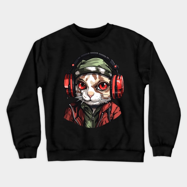 Hardbass Cat With Rave Music Headphones Crewneck Sweatshirt by Piggy Boxer